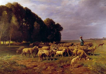 Lammaslauma maisemassa tai "" Paimen ajamassa lammaslaumaa tasangolla"" Charles Jacquen (1813-1894) maalaus 1800-luvun aurinko. 1,76x2,8 m