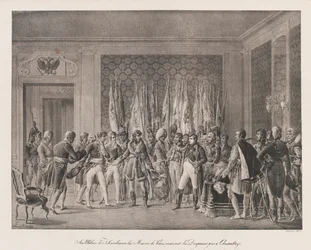 Pariisin Maires vastaanottaa Austerlitzin lipun, 1800-luvun alku (litho)