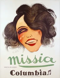 Columbia Recordsin juliste, joka mainostaa ranskalaista chanteusea, Missia, n. 1935
