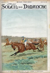 Hevoskilpailu: "" Suuri urheilullinen forzaine: valelähtö Longchampsin kilparadalla"". Akvarelli Condamy Engraving teoksessa "" Le sun-du-dimanche", 18. kesäkuuta