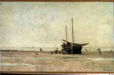 ""Seascape"" Purjevene hiekalla laskuveden aikaan. Charles Francois Daubignyn (1817-1878) maalaus 1868-1872 Pushkin-museo, Moskova