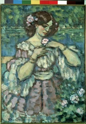 Tyttö ruusun kanssa. Charles Guerinin maalaus (1875-1939)