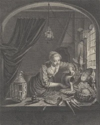 Maitoneito G.Doun maalauksen jälkeen herra Poullainin kabinetissa, 1600-luvun puoliväli.