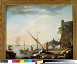 Välimeren satama suihkulähteellä. Charles Francois Grenier de la Croix dit Lacroix de Marseillen maalaus (1720-1782) Yksityinen kokoelma, Marseille.