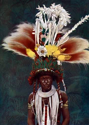 Roro-päällikkö, joka oli pukeutunut seremonialliseen tanssiin, Papua-Uusi-Guinea, 1920.