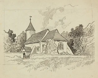 Vista exterior de uma igreja não identificada (caneta e tinta no papel) finlandesa