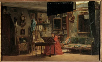 Prinsessa Mathilde (1820-1904) studiossaan rue de Courcelles Prinsessa Mathilde-Letizia Bonaparte toimistonsa edessä. Sebastien Charles Giraudin (1819-1892) maalaus. 1800-luvulla. Koko 0,32 x 0,52 m Pariisi, Musee Carnavalet