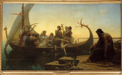 Kadonneet illuusiot tai ilta Allegorinen kohtaus, joka kuvaa hahmoja lähtevällä drakkarilla, mies jää telakkaan lyyran kanssa. Charles Gleyren (1806-1874) maalaus 1800-luvun aurinko. 1,56x2,38 m