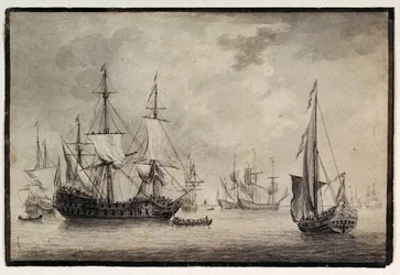Hollantilainen sotalaiva, valtiojahti ja kaukaista laivaliikennettä satamassa, 1700-luvun loppupuoli (kynä, tussi)