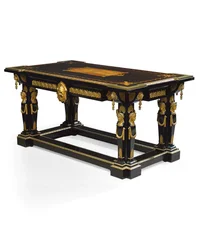 Napoleon III -pöytä, suunnittelija Jean Brandely, intarsia E. Varlot, Pariisi, n. 1850-1875 (ormolu, kullattu kupari, eebenpuu ja sycamore)