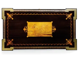 Napoleon III -pöytä, suunnittelija Jean Brandely, intarsia E. Varlot, Pariisi, n. 1850-1875 (ormolu, kullattu kupari, eebenpuu ja sycamore)