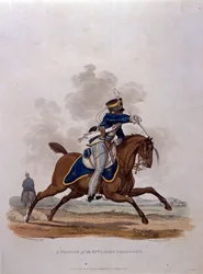 Private of The 13th Light Dragons, teoksesta "British Imperiumin armeijan puvut, viimeisten määräysten mukaan 1812", kaiverrettu J. C. Stadler, julkaissut Colnaghi und Co. 1812-15 (värillinen)