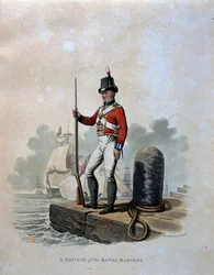 Kuninkaallisten merijalkaväen sotamies, teoksesta "British Imperiumin armeijan puvut, viimeisten määräysten mukaan 1812", kaiverrettu J.C. Stadler, julkaissut Colnaghi und Co. 1812-15 (värillinen aquat)