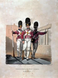 Jalkaväen grenadöörejä täydessä puvussa, kuvasta "Costumes of the Army of the British Empire, according to the last regulations 1812", kaiverrettu J.C. Stadlerin toimesta, julkaissut Colnaghi und Co. 1812-15 (c