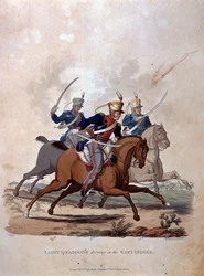 Itä-Intiassa palvelevat kevyet dragoonit, kuvasta "Costumes of the Army of the British Empire, according to the last regulations 1812", kaiverrettu J.C. Stadlerin toimesta, julkaissut Colnaghi und Co. 1812-15 (väri: "Costumes of the Army of the British Emp