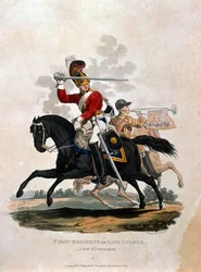 Ensimmäisen henkivartijarykmentin sotilas, teoksesta "Costumes of the Army of the British Empire, according to the last regulations 1812", kaiverrettu J.C. Stadlerin toimesta, julkaissut Colnaghi und Co. 1812-15.