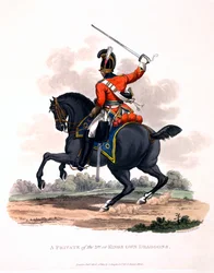 Kolmannen tai kuninkaan omien lohikuunien sotamiesten univormu vuonna 1812 julkaistusta Brittiläisen imperiumin asusta viimeisten säännösten mukaan (käsinvärinen akvatinta)