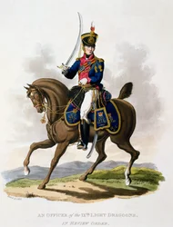 9. Light dragoons -upseerin univormu Review Orderissa, julkaisusta "British Imperiumin puku, viimeisten säännösten mukaan", julkaistu 1812-1815 (käsinvärinen akvatinta)