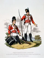 20. tai Worcestershiren rykmentin Grenadiersin ja kevyen jalkaväen univormu julkaisusta "British Imperiumin puku, viimeisten säännösten mukaan", julkaistu 1813 (käsinvärinen akvatinta)