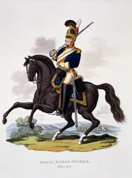Royal Horse Guards -rykmentin "The Blues" univormu teoksesta "Costume of the British Empire, according to the Last Regulations", julkaistu 1812-15