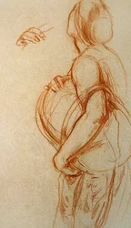 Tutkimus naisesta, joka pitelee koria "The Fruit Shopille", 1913 (liitu paperille)