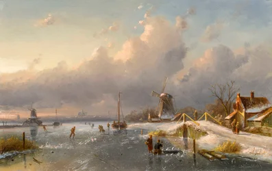 Talvimaisema, tuulimyllyjä ja luistelijoita jäätyneellä vesiväylällä, 1840-50-luku