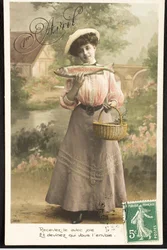 Vanha postikortti / huhtikuun kala / Belle Epoquen nainen