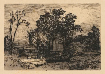 [Mökki ja kaksi hahmoa veneessä], 1878.