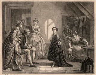 Mademoiselle Claironin lapsuus: nuori Claire-Josephe (Claire Josephe) Leris (1723-1803) lausuu juuri näkemänsä näytelmän säkeet. Hänestä tuli koomikko nimellä "Mademoiselle Clairon" tai "" La Clairon". Kaiverrus vuodelta 1862 maalaajalta