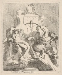 Suunnitelma suihkulähteelle, jossa on istuva nymfi vasemmalla ja triton, joka pitää kuorta suullaan..., 1768.