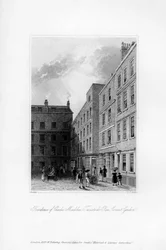 Charles Macklinin viimeisen asunnon ulkopuoli, Tavistock Row, Covent Garden, 1840.