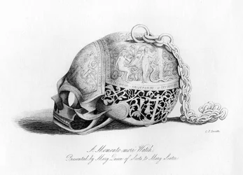 Memento mori -kello, jonka Skotlannin kuningatar Maria Stuart lahjoitti Mary Seatonille, 1500-luku, 1840.