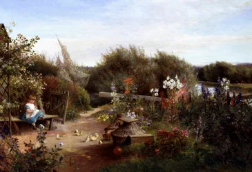Puutarhassa. Puutarhassa penkillä istuva pikkutyttö antaa siemeniä poikasille. Charles James Lewisin (1830-1892 brittiläinen) maalaus Yksityiskokoelma.