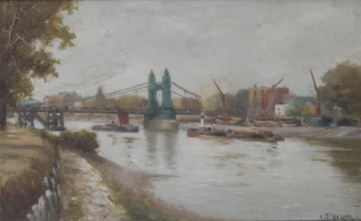 Hammersmith Bridge - nykyinen - vuodelta 1887 - katsottuna Surreyn rannalta