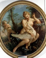 Leda ja joutsen. Leda ja Zeus-jumala, joka muuttuu joutseneksi lähestyäkseen häntä.