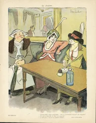 Kuvitus Chas-Labordesta (1886-1941) paikassa Le Smile, nro 9, 27.02.13 - Liiketoiminta - Ravintolakahvilat, Muoti, Hattu - Cupidite, Ahneus - Naiset
