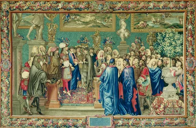 Ludvig XIV:n (1638-1715) myöntämä yleisö Fuentesin kreiville, Philip IV:n kuninkaalle Espanjan suurlähettiläälle, Louvressa, 24. maaliskuuta 1662, Gobelins Workshop (kuvakudos)