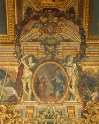 Yksityiskohta Charles Le Brunin (1619-1690) koristeista, Versaillesin palatsin peilisali (Unescon maailmanperintöluettelo).