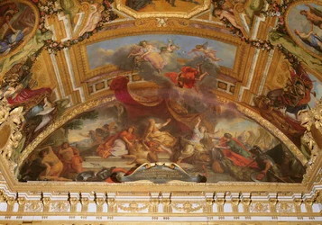 Hollanti hyväksyy rauhan ja irtautuu Pyhästä Rooman valtakunnasta ja Espanjasta vuonna 1678, kattomaalaus Galerie des Glacesista