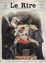 Emile Loubet - Ilmaiset presidentin eläkkeet - herra Loubet - On vaikea saada heidän vakaumustaan iholleni! - (Charles Leandre (1862-1934) pilkkaa valtiota, kirkkoa ja armeijaa presidentti LOUBETin sängyn vieressä, peitettynä makonisilla ja muilla kylteill