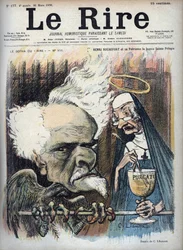 Henri Rochefort ja hänen suojeluspyhimys hyvä pyhimys Pelagie (Prison de la Sainte-Pelagie) - Charles Leandren (1862-1934) karikatyyri elokuvassa "" Le Rire" 26. maaliskuuta 1898