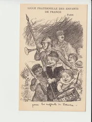 Postikortti, mustavalkoinen satiirinen: Ranskan lasten veljesliitto - 14-18-vuotissota, musiikki, lapsuus, Ranskan lasten veljesliitto - Sotilaat Kuvitus Charles Leandre (1862-1934)