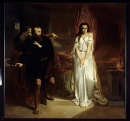 Lady Macbeth. Kuvitus William Shakespearen näytelmään "Macbeth". Toinen nainen nöyryyttää yöpuvussa olevaa naista pelästyneen miehen edessä. 1848, Amiens, Musée de Picardie.