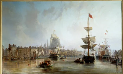 Rouenin satama vuonna 1855 Charles Louis Mozinin (1806-1862) maalaus 1855 su. 1,77x2,87 m Rouen, Musee des Beaux Arts