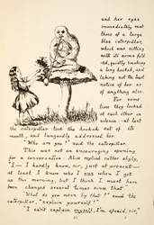 Alice saa neuvoja Blue Caterpillarilta, kuvituksen Alices Adventures Under Ground -pubista. 1886 (faksimile)
