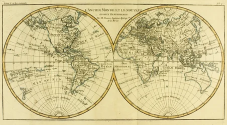 Maailman kartta kahdella pallonpuoliskolla, Guillaume Raynalin (1713-96) Genevessä 1780 julkaistusta Atlas de Toutes les Parties Connues du Globe Terrestrestä