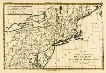 Koillis-Amerikan rannikko, Guillaume Raynal (1713-96) teoksesta Atlas de Toutes les Parties Connues du Globe Terrestre, julkaistu J L Pellet, Geneve, 1780