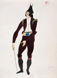 Puku Gioacchino Rossinin Sevillan parturi -sarjan Fiorellon hahmolle, luonnos Charles Martin (1884-1934)