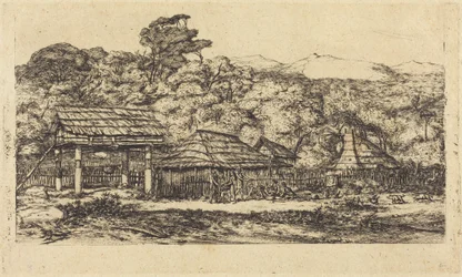 Alkuperäisasukkaiden aittoja ja asumuksia Akaroassa, Banksin niemimaalla, 1845
