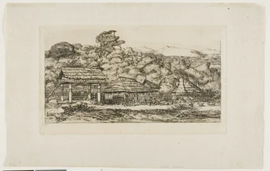Alkuperäiskansojen latoja ja majoja Akaroassa, Banksin niemimaalla, 1845.